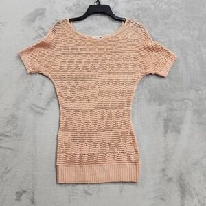 Mak B Sweater Top Womens S Orange Crochet Open Knit Short Sleeve Dolman Tunic